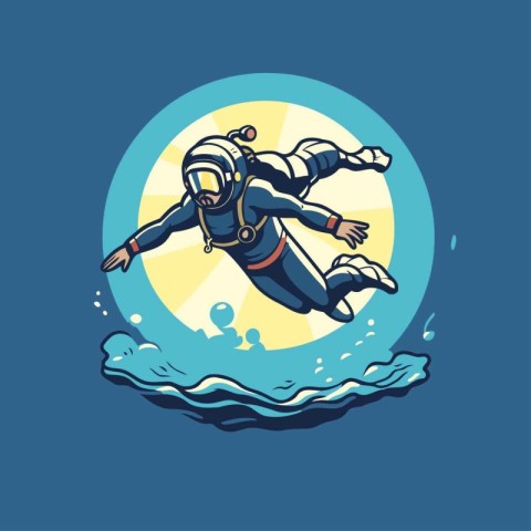 Diver with diving suit and helmet jumping in the water. Vector i