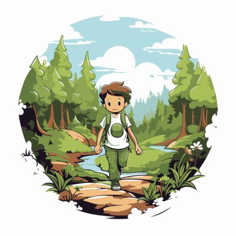 Hiking boy cartoon in the forest round icon vector illustration