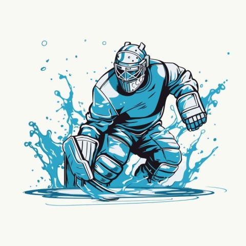 Hockey player jumping with a hockey stick and puck. vector illus