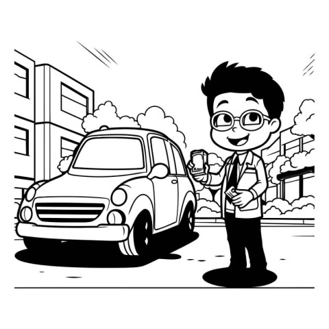 Cartoon man with car. Vector illustration. Black and white.