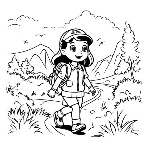 Girl with backpack hiking in the mountains. Coloring book for ch