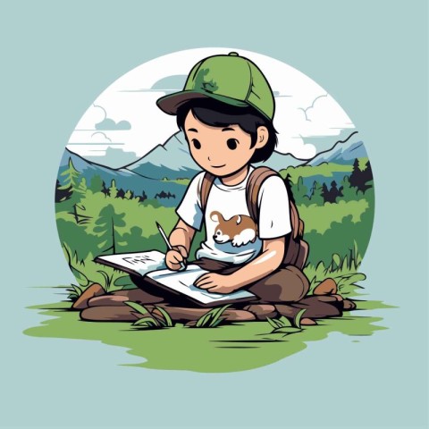 Boy with a backpack and a book in the mountains. Vector illustra