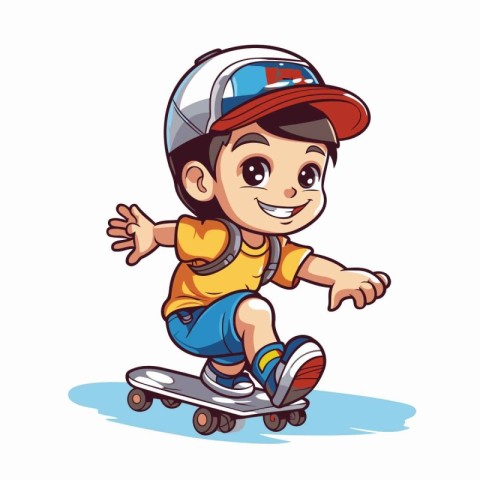 Cute boy riding a skateboard. Vector illustration isolated on wh