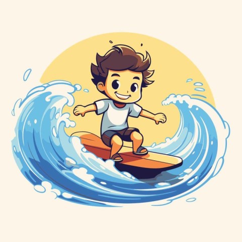 Boy surfing in the waves. Vector illustration of a cartoon chara