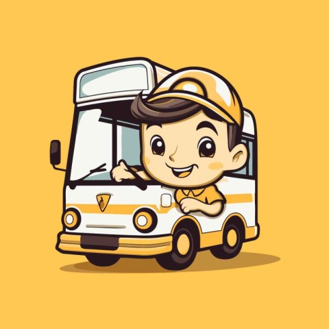 cute boy driving a school bus on a yellow background. vector ill