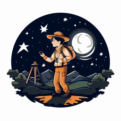 Vector illustration of a hiker on the background of the night sk