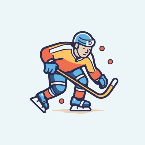 Hockey player with stick and puck. Line art vector illustration.