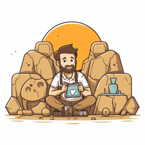 Man sitting on the rock and holding a cup of coffee. Vector illu