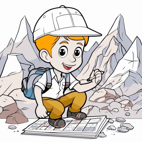 Boy with backpack and map in the mountains. Cartoon vector illus