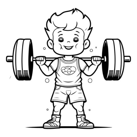 Fitness Boy - Black and White Cartoon Illustration of a Kid with