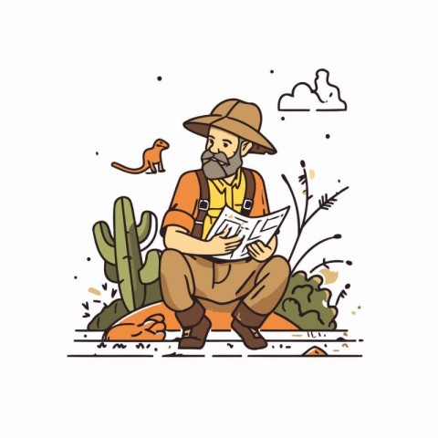 Vector illustration of a cowboy sitting in the desert and readin