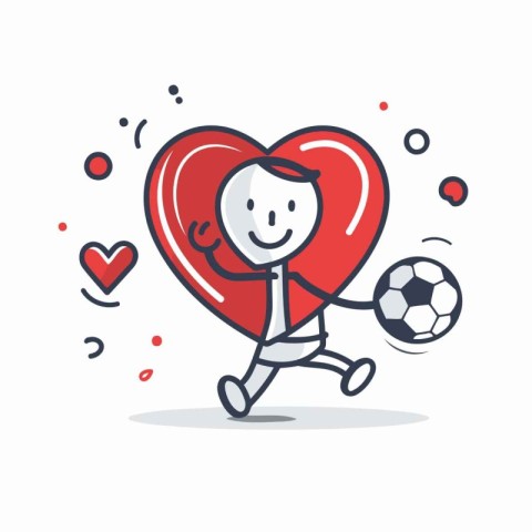 Man playing soccer with heart. Line art design. Vector illustrat