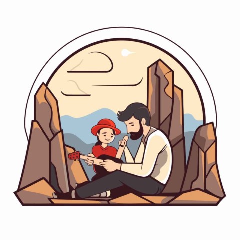 Couple in love sitting on the rocks in the mountains. Vector ill