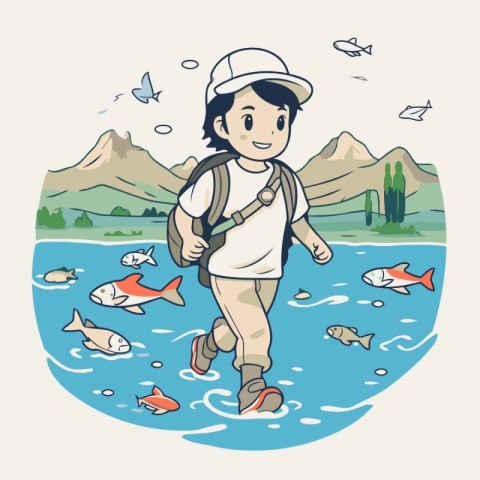 Boy with a backpack and fishing rod in the water. Vector illustr