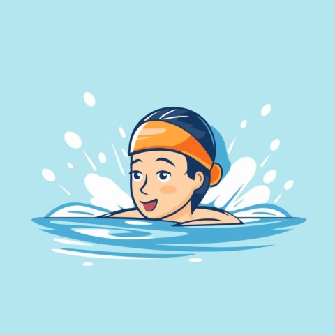 Swimming boy in cap and goggles. Vector illustration in cartoon