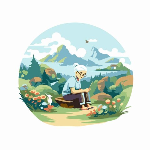 Vector illustration of an elderly woman sitting on a picnic in t