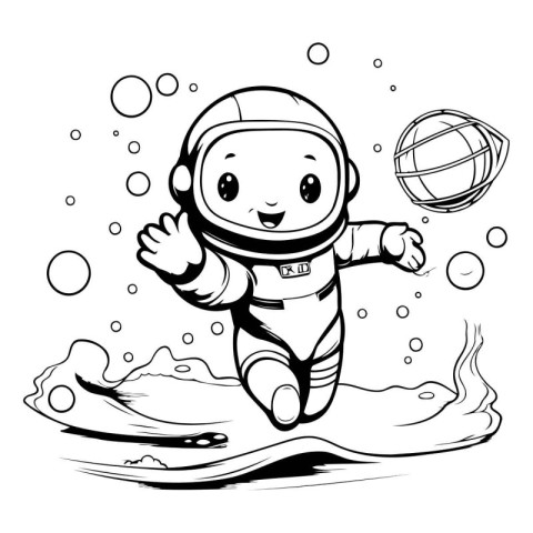 Astronaut swimming in the sea. Black and white vector illustrati