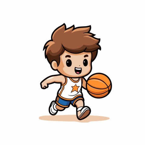 Cute Boy Playing Basketball - Cartoon Vector Illustration. Isola