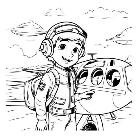 Boy pilot and helicopter on the background of the sky. vector il