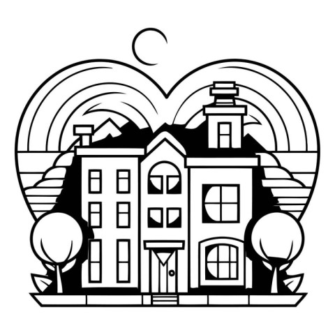 Rainbow over the house. Black and white vector illustration for