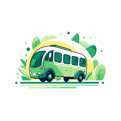 Vector illustration of a bus on the background of green plants.