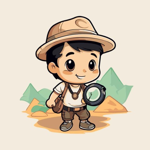 Cute explorer boy with a map and a magnifying glass illustration