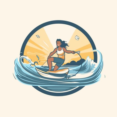 Surfer girl on the surfboard. Vector illustration in retro style