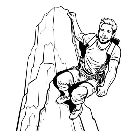 Rock climber. Black and white vector illustration for coloring b