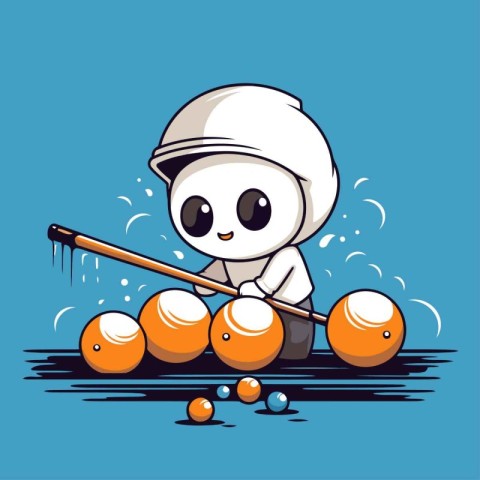 Cartoon character of a snowman playing billiards. vector illustr