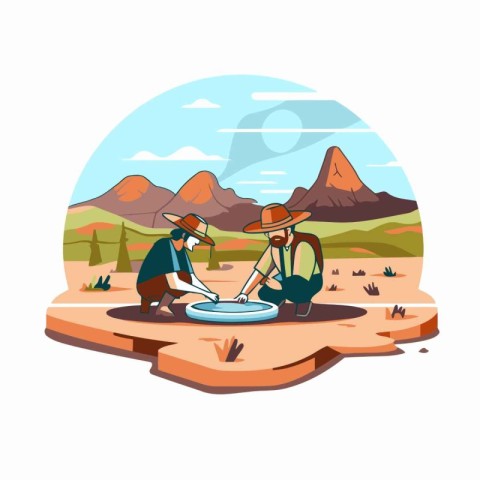 Vector illustration of a man and woman working in the desert. Ca