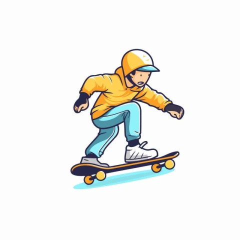 Skateboarder in yellow helmet riding on skateboard. Vector illus