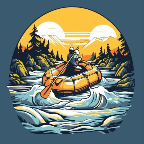 Man in a kayak on the river at sunset. Vector illustration