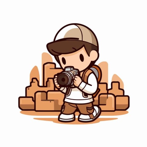 Cute boy holding a camera and taking photos. Vector illustration