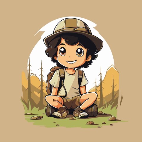 Cute little explorer boy sitting in the forest. Vector illustrat