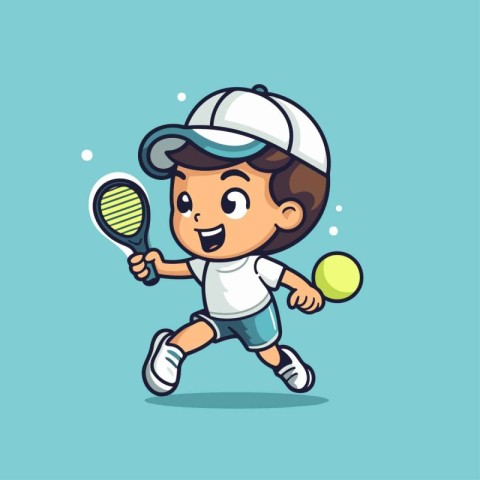 Cute Boy Playing Tennis Cartoon Mascot Character Illustration De