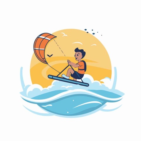 Kitesurfer on the waves. Vector illustration in flat style