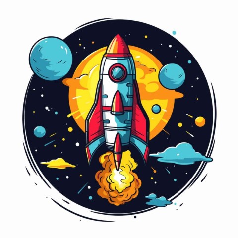 Rocket launch into space. Vector illustration in cartoon style o