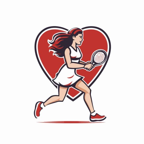 Tennis player woman running with racket in heart shape vector il