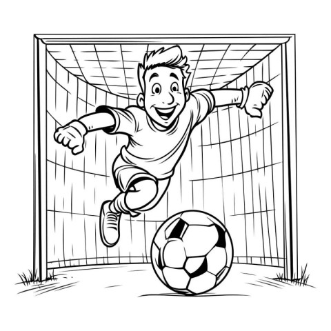 Soccer player kicking the ball. Black and white vector illustrat