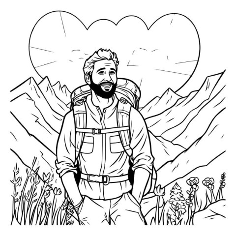 Hiking man in mountains. Black and white vector illustration for