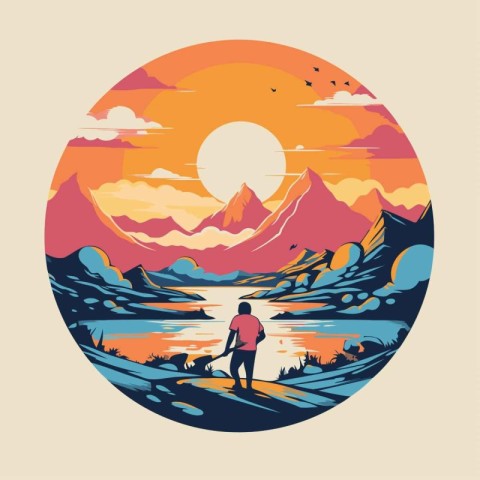 Summer landscape with mountains. river and sunset. Vector illust