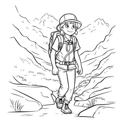 Hiker in the mountains. sketch for your design. Vector illustrat