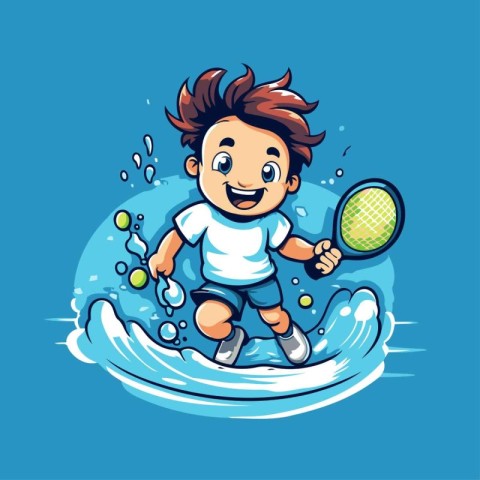 Cartoon boy playing badminton on the water. Vector illustration