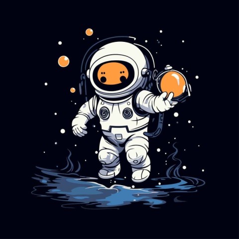 astronaut in space with an orange in his hand. vector illustrati