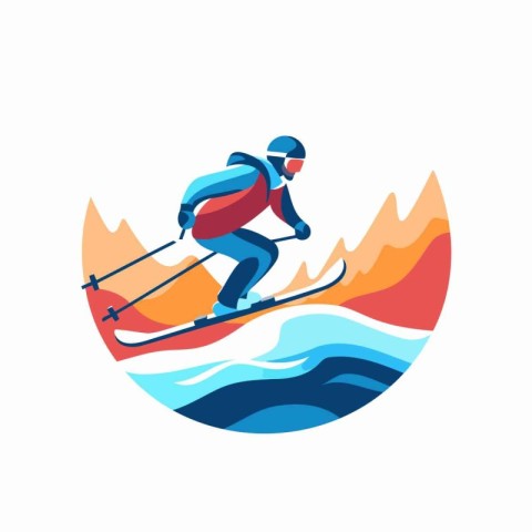 Skier skiing in the mountains. Vector illustration in a flat sty