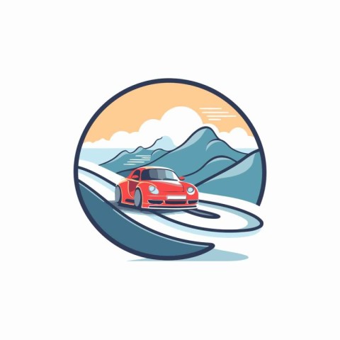 Car on the road in the mountains. Vector illustration in a flat