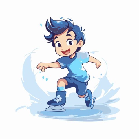 Cartoon boy skating on ice. Vector illustration on white backgro