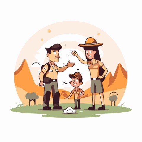 Father. mother and son in safari outfit. Cartoon vector illustra