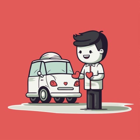 Man and car. Vector illustration in flat cartoon style. Isolated