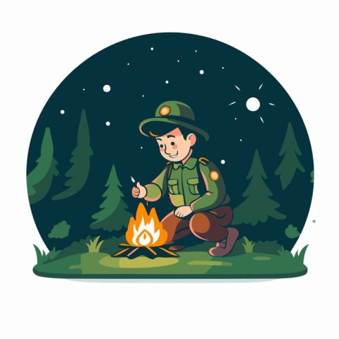 Vector illustration of a boy scout sitting on the campfire and c